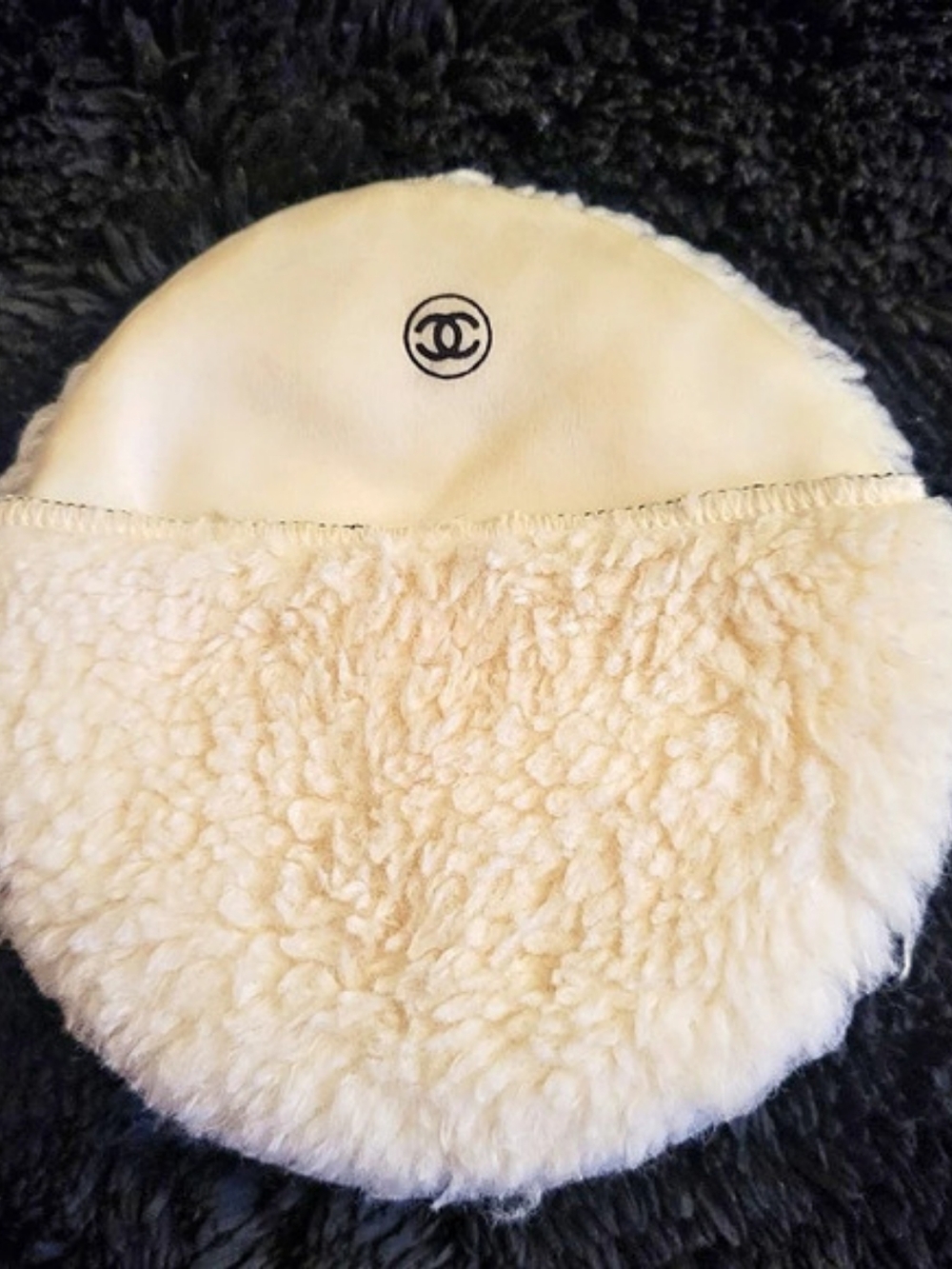 Vintage RARE Chanel 5" Jumbo Powder Puff Plush Silk Pocket CC Logo